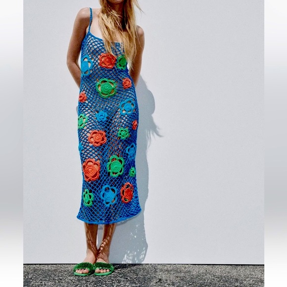 Zara Limited Edition Crochet Blue Flower Dress Sold Out Bloggers Fave Knit - Picture 5 of 15